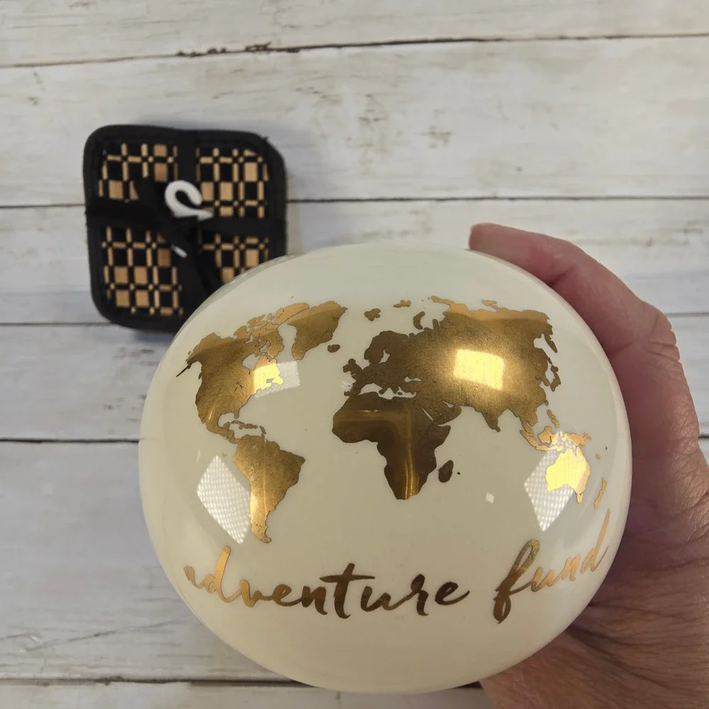 Adventure‎ Fund Globe Ceramic Piggy Bank & Destination Summer Bamboo Coaster Set